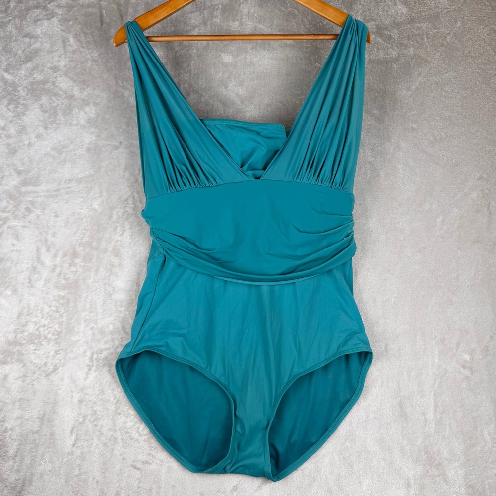 Spanx Womens Teal Blue V-Neck Ruched Tummy‎ Control One Piece Swimsuit Size 16